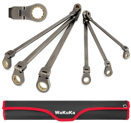 6-Piece Extra Long SAE CR-V Steel Flex-Head Ratcheting Wrench Set, Double Box End Wrench Set with Pouch