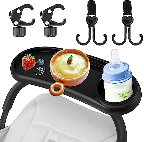 Baby Stroller Snack Tray with Cup Holder 3in1 Pram Food Tray,Removable Reusable Storage Holder with Adjustable Buckle,Pram Cup Holder,Reusable Pushchair (With hook, 38x14 CM)