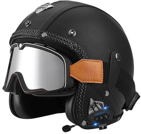 Motorradhelm Bluetooth Jethelm mit Schutzbrille Retro Pilotenhelm Qualität nach ECE-Norm Roller-Helm für Frauen und Herren im Vintage-Look, Motorrad-Helm mit Schutzbrille(3,M=57-58CM)