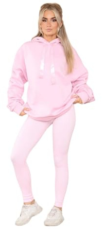 WearAll Women's Oversized Ruched Sleeves Hoodie With Satin Ribbon with High Waist High Rise Seamless Ribbed Legging Set Loungewear Suit for Casual and Athleisure Looks Pink 14