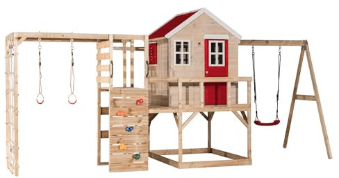 Wendi Toys M23-G Stelzenhaus Holz mit Rutsche, Turnringen, Kletterturm Kinder Outdoor 197×508×242 cm, mit Schaukel, Kletterwand, Plattform