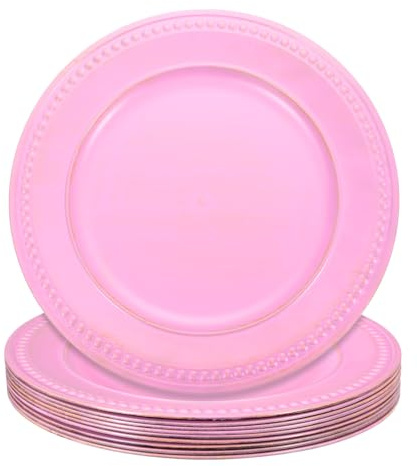 sourcing map 10pcs Vintage Charger Plates Bulk, 13 Inch Plastic Beaded Chargers for Dinner Plates Set Round Plate Charger for Wedding Party Event Table Setting Decoration, Pink