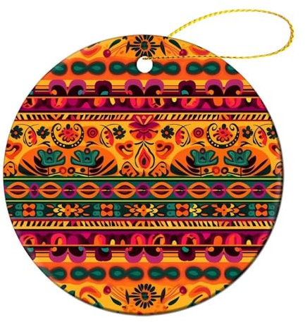 Mexikanische Volkskunst Boho Weihnachtsschmuck Keramik Weihnachtsbaum Hängende Dekorationen mit Goldband Rund Xmas Anhänger für Weihnachtsdekorationen 2024 Weihnachtsbaum Ornamente Geschenke