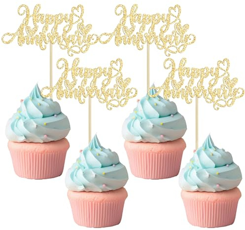 Ephlyn 24Pcs Happy Anniversary Cupcake Toppers Glitter Wedding Anniversary Cupcake Pick Decorations Baby Shower Birthday Wedding Anniversary Party Cake Decorations Supplies Gold