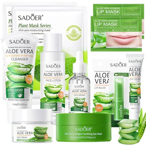 Kit per la Cura della Pelle Aloe Vera 11 Pezzi, Aloe Vera Skincare Set include Detergente, Siero, Tonico, Crema Viso, Balsamo per le Labbra, Set Skincare Viso Completo per Ragazze e Donne