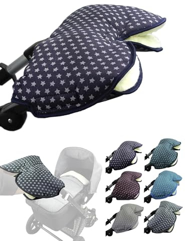 BAMBINIWELT Handmuff mit Lammwolle – warmer Handwärmer für Kinderwagen, Buggy & Radanhänger – wasserfest, winddicht & waschbar – für Winterspaziergänge, Farbe: Sterne marine
