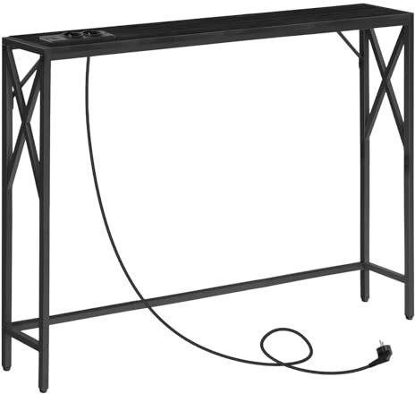 MAHANCRIS Konsolentisch mit Ladestation, Eingangstisch, Schmaler Konsolentisch, Flurtisch, Ausstellungstisch, Beistelltisch für Eingangsbereich, Wohnzimmer, Flur, Schwarz ACTBK151UE01