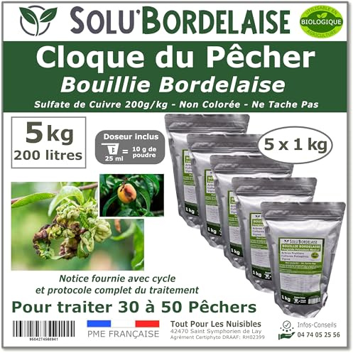 Solu'Bordelaise - Cloque du Pêcher - 5 kg de Bouillie Bordelaise Non Colorée - Fongicide Polyvalent à base de Sulfate de Cuivre 200 g/kg - Doseur Inclus - Utilisable en Agriculture Biologique