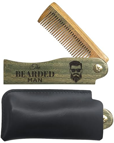 CHGCRAFT Peine Plegable de Madera para Hombre Barbudo Peine de Barba Peine de Madera Tallada Peine para Cabello con Dientes Finos con Bolsa de Transporte de Polipiel para Hombres, Aseo Bigotes