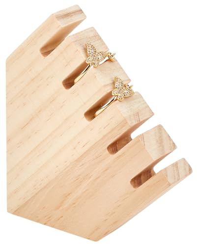 MAYJOYDIY - Expositor de anillos de madera con 5 ubicaciones, 10 x 9,8 x 2 cm, color natural para guardar anillos y pendientes para armarios de joyas, tiendas de baratijas fotográficas