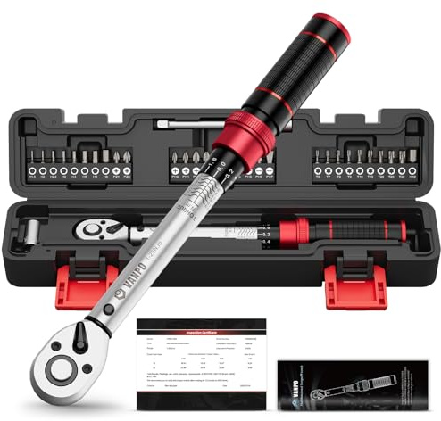 VANPO 32-Piece Bike Torque Wrench Set, 1-25 Nm, ±3% Accuracy, 1/4 Click Torque Wrench Kit with Extension Bar & Socket Bits (Hex, Torx, Phillips, Slotted, Pozidriv) for Mountain Bike, Bicycle Repair