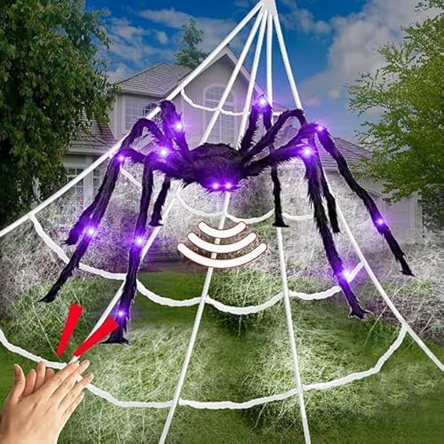 5ft Giant Light Up Sound Activated Talking Halloween Spider with Purple Lights and 17 * 16Ft Spider Web with 200sqft Stretched Cobweb for Indoor Outdoor Decorations and Yard Creepy Lighted Decor