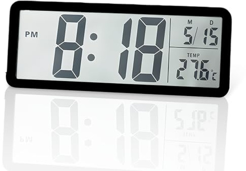 Battery Operated Digital Wall Clock, Large LCD Display Black | Display with Time/Date/Temperature, 12/24 Hour Format, Silent Electronic Desk Clock for Bedroom, Living Room, Office, School