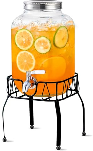 Glass Beverage Dispenser with Stand, Stainless Steel Spigot and Lid, Glass Drink Dispensers for Parties, Drink Dispensers with Lids for Lemonade Sun Tea Mason Jar (1, gallons)