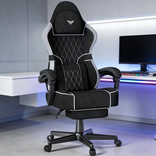 Soontrans Chaise Gaming Ergonomique avec Coussin Lombaire Massage, Chaise Gamer，Fauteuil Gaming avec Repose Pieds télescopique&Appui tête&Dossier Inclinable à 160°, Tissu Velours, 136 kg（Noir&Gris）