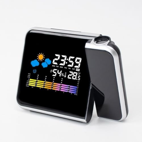 LED-Projektionsuhr mit Wetterstation, Ewiger Kalender, Farbbildschirm, Temperatur- und Feuchtigkeitsanzeige, USB/Batteriebetrieben