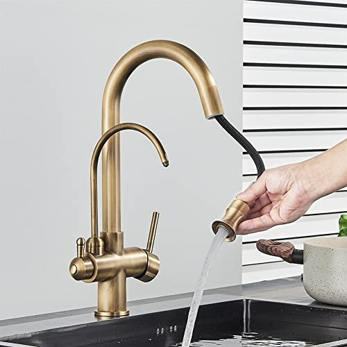 Rubinetto da cucina estraibile – Rubinetto da cucina in ottone anticato a doppia maniglia per acqua potabile calda e fredda Miscelatore moderno per lavello dal design elegante