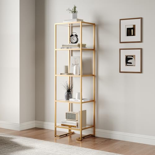 Furnify 5-Tier Glass Bookshelf, Tempered Glass Display Shelf, Modern Open Shelf Bookshelf, Slim Shelving Unit Bookcase for Living Room, Home Office, Bedroom, Golden