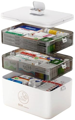 Luxvara 3-Etagen Medikamentenbox 24 * 30 * 16.5cm – Dreistöckige Medizin Aufbewahrungsbox,Tragbarer Medikamenten Organizer für Reisen, Haushalt & Notfall BPA-frei
