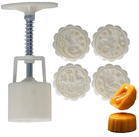 50g Mondkuchen Form 3D Mooncake Form Stamp Keksstempel Dessert Kekse Backwerkzeug mit 4 runden Briefmarken für Kekse Dessert Backen