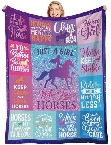 VISSTREE Horse Blanket Gifts for Girls, Just A Girl Who Loves Throw Blanket, Warm Soft Horses Animal Gifts Ideas for Women Girls Home Bed Sofa Crib Couch Travel Soft Flannel Blankets 50'' x 60''