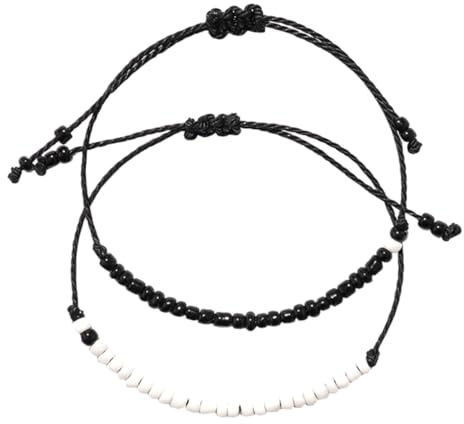 Bracelet D'amitié Assorti pour Couple, Corde Tressée, Longueur Réglable | Fil de Cire, 1 Paire, Style Noir et Blanc, pour Saint Valentin et Fêtes, Hiver