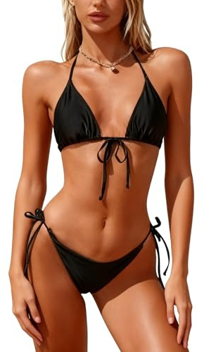 ADUDVLO 2 Piece Swimsuit for Women Bikini Sets for Women UK Womens Bikini Sets Triangle String Halter Sexy Thong Swimsuit Bathing Suit for Women (UK, Alpha, M, Regular, Regular, Black)