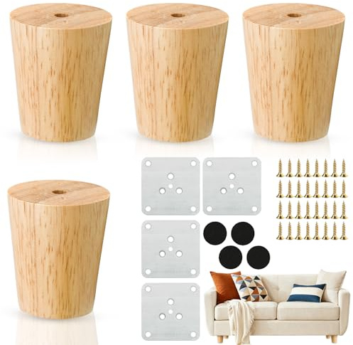 4er Set Möbelfüße Holz aus Eiche, gerade 6 cm, inklusive Montagematerial | Gerade Form für sicheren Stand | Bodenschonende Anti-Rutsch-Pads | geeignet für Sofa, Bett, Schrank, Kommode & Sideboard