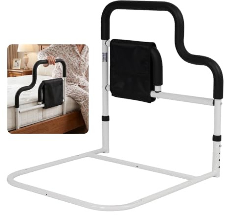 EULEUY Barre de lit réglable âgées, Hauteur Ajustable 32–54,5cm (Noir) | Acier robuste, support 200kg, poignée confort avec poche rangement, pour seniors et femmes enceintes, montage sans outil