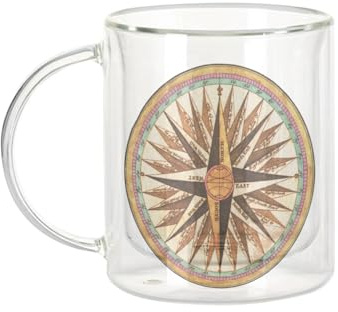 Fabulous Mug Verre Double Paroi - Rose des Vents Boussole Ancienne Peinture Outils Navigation Vintage - Tasse a Cafe et The Isotherme 330ml Effet Suspendu Anti-Brulure Imprime en France