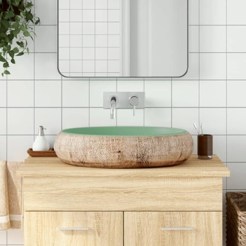Mini lavabi a mano da appoggio, in ceramica, colore verde e marrone, ovale, 59 x 40 x 15 cm, adatto per bagno, facile da pulire e installare, design moderno