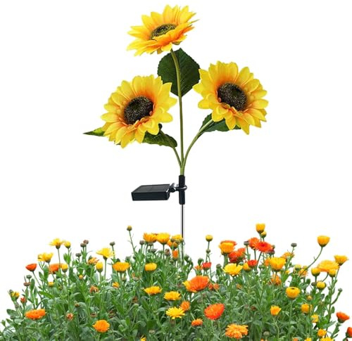 Luci solari a forma di girasole, palo paesaggistico | Girasoli ad energia solare, per cortile, patio, vialetto, vialetto, prato, aiuola, giardino, alberi, cortile, portico