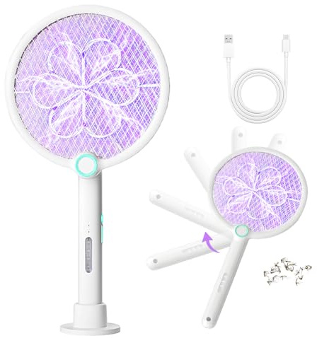 Nzkeuf Elektrische Fliegenklatsche Faltbar, 3-in-1 Funktion, USB Fliegenklatsche Elektrischmit, Wandmontierbar, UV Electric Fly Swatter Mückenklatsche, Mücken Insektenfalle Innen & Außen