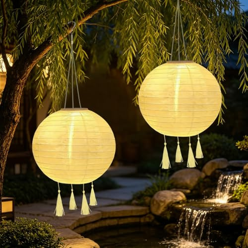 KBIBCK Solar Lampions Außen Wetterfest, 2 Stück 25 CM Nylon Hängende Solarlampion mit 4 Quaste, Lampions Solar Außen, LED Wasserdicht Lampion für Gärten, Höfen, Balkonen, Hochzeit, Fest Deko