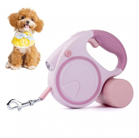 Hundeleine mit LED 5m, Rollleine für Hunde bis 10-25kg, Hundeleine Ausziehbar mit rutschfest Griff, 360° Verhedderungsfreier, Ausziehleine Hund mit Kotbeutel für kleine & große Hunde (Rosa)