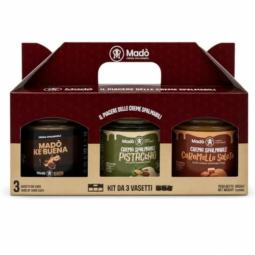 MADÒ Set da 3pz di Creme Spalmabili - Pistacchio 25%, Caramello Salato, Madò Ke Buena MADE IN ITALY - Idea Regalo Creme Spalmabili per Panini, Dolci, Colazioni, Prodotti da Pasticceria (3x200g)