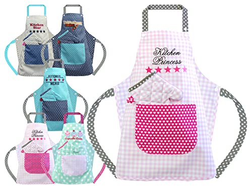 Emily's Check Kinder-Schürzen-Set – Küchenschürze & Topfhandschuh oder Kochmütze für Kinder