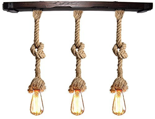 Rustiluz Lámpara con cuerda de yute 30 mm vintage y madera. De 3 luces E27