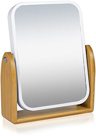 Deblanch | Espejo Aumento baño | Sobremesa | Marco Blanco y Madera | Dos Caras Aumento 5X y 1X | Espejo para Maquillaje, Afeitado o depilar cejar | Sin luz | 16 x 5 x 20cm