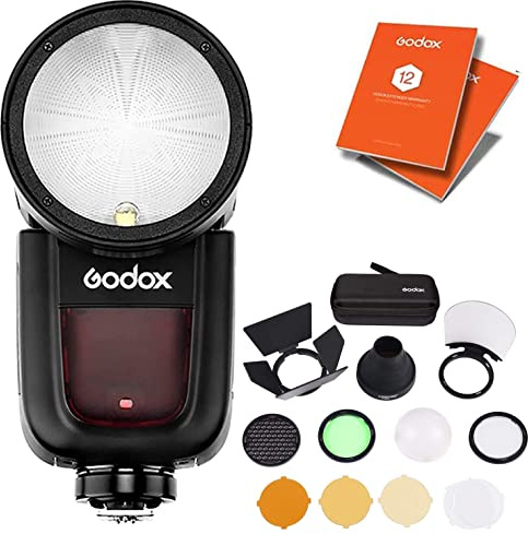 GODOX V1-F Round Head Camera Flash Speedlite/w AK-R1 Accessory Kit Incl. Bounce Card, Dome Diffuser, Colour Gels, Barndoors, Snoot for Fuji Camera + 12 Month Extended Warranty Card (3 Yrs)