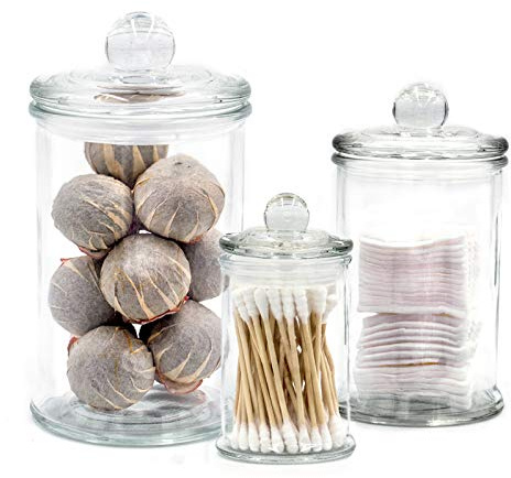 Easeen Mini Glass Apothecary Jars, Bathroom Storage Organizer Canisters for Cotton Swabs, Cotton Balls, Makeup Sponges, Bath Salts, Hair Ties, Makeup - Set of 3