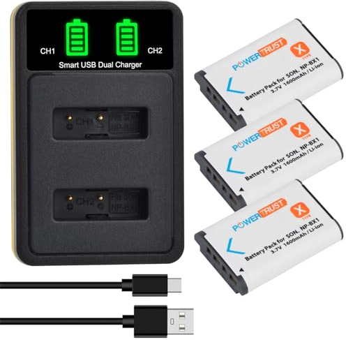 PowerTrust 1600mAh NP-BX1 Akku und Ladegerät für Sony ZV-1, ZV-1F, RX100 IV, RX100 V, RX100ii, RX100VII, HX60, AS50, X3000, HX400V, RX1, AS100V, WX350, HX50, HX90V