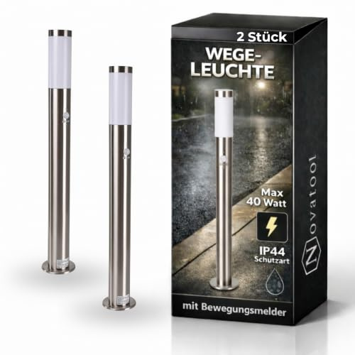 Novatool 2X Gartenlampen I 80 cm I mit Bewegungsmelder I Edelstahl I IP44 I E27 Sockel I Gartenleuchten Stehlampen Säulenlampen außen Außenlampen Aussenleuchten Sockelleuchten Pollerleuchten