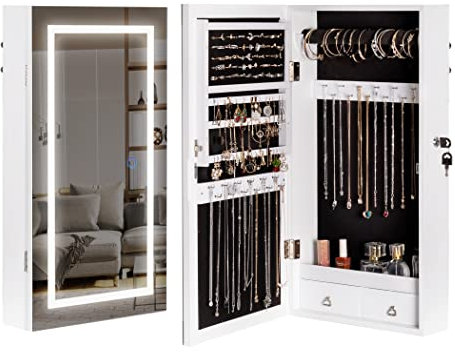 LAVIEVERT Jewelry Armoire with LED Lighted Mirror, Wall/Door Mounted Frameless Mirror with 3 Color Lights, Lockable Jewelry Cabinet Hanging Jewelry Organizer with 2 Drawers - White
