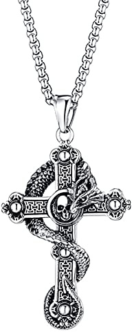 KONFEN Kette Herren Damen mit Anhänger, Schädel Kreuz Halskette Wikinger Ketten aus Edelstahl mit Zirkonia, Horus Auge Kreuz Kreuzanhänger, Kettenanhänger Edelstahlkette Kruzifix Necklace Men