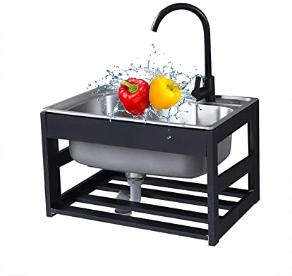 Gewerbliche Küchenspüle Edelstahl,Wandmontage Ausgussbecken,Außenbereich Spülbecken,Waschbecken,mit 360 ° drehbarer Wasserhahn Und Drainage-Komponenten, für Garten,Restaurant,Arbeitsstation,Waschküche