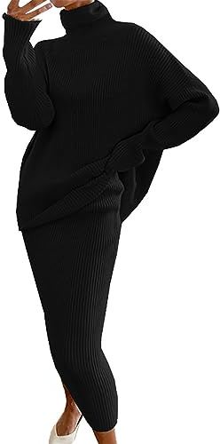 Robe en Tricot Femme 2 Pièces Ensembles Uni Manches Longues Pullover Haut et Jupe Tricoté Pull à Col Roulé Robe Tricotée Outfit Automne Et Hiver Midi Robe 2 pièces
