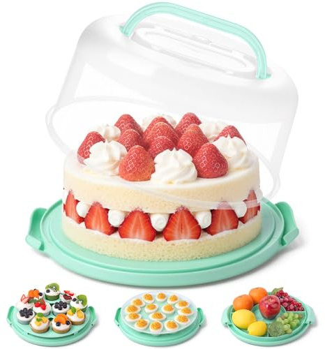 HANSGO Cake Carrier with Lid and Handle, Extra Deviled Egg Containers, Cake Holder for 10 inch Cakes with 2 Handles, 11 Capacity Cupcake Carrier, Two Sided Base for Nuts, Fruits, Muffins, Pies, Pizza
