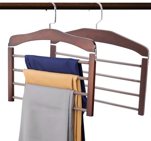 GmeDhc 2 Piezas Perchas para Pantalones de Madera, Perchas Pantalones Ahorra Espacio con Barras Antideslizantes, Perchas Faldas, para Pañuelos, Toallas, Ropa Interior