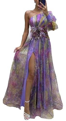 MANYMANY Donne Impero Vita Fiore Fessura Tulle Abiti da Ballo 2024 Una Spalla Manica Lunga Stampa Floreale Abiti da Festa di Sera per Donna